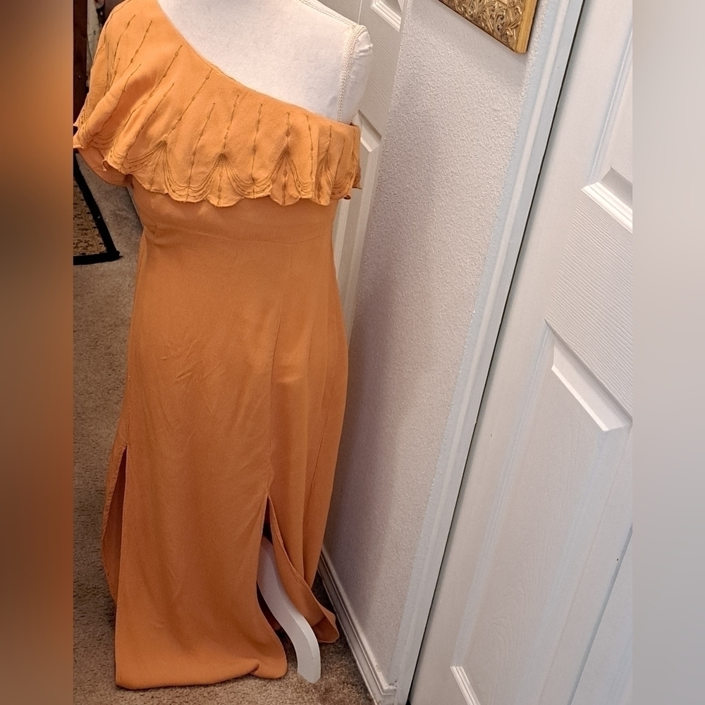 Honey Belle Mustard One Shoulder With Ruffled Sleeve Maxi Dress  Size L